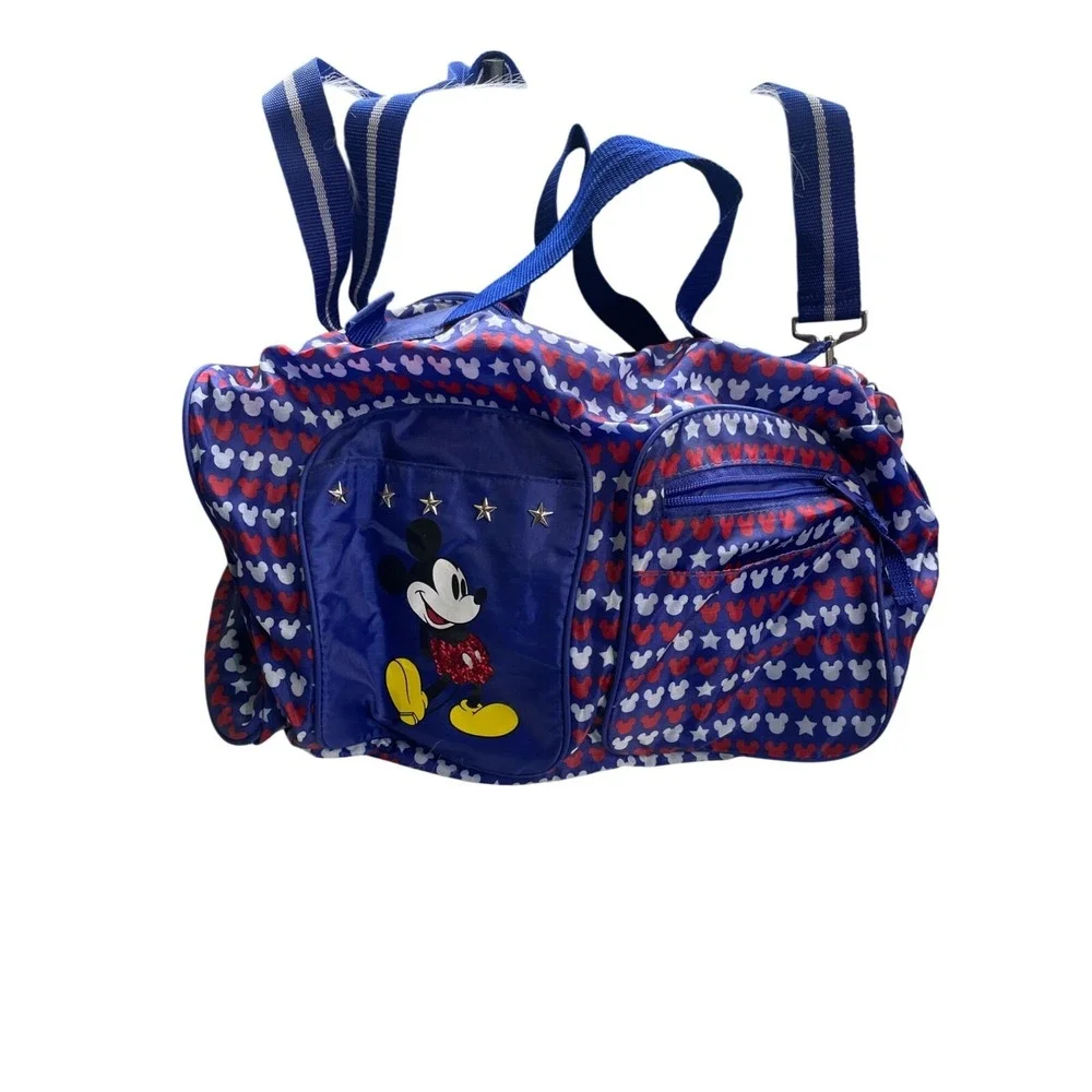 Mickey Mouse Blue & Red Patterned Duffel Bag With Sequins & Stars